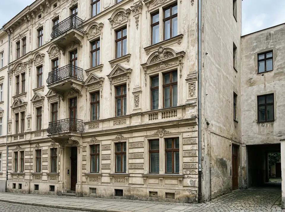 Régi városi bérház tagozatos, vakolatdíszes homlokzata párkányokkal és ablakkeretekkel, mellette udvari fal.